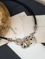 Dalmatian Jasper, Moonstone & Jet Beads with Leather Cord