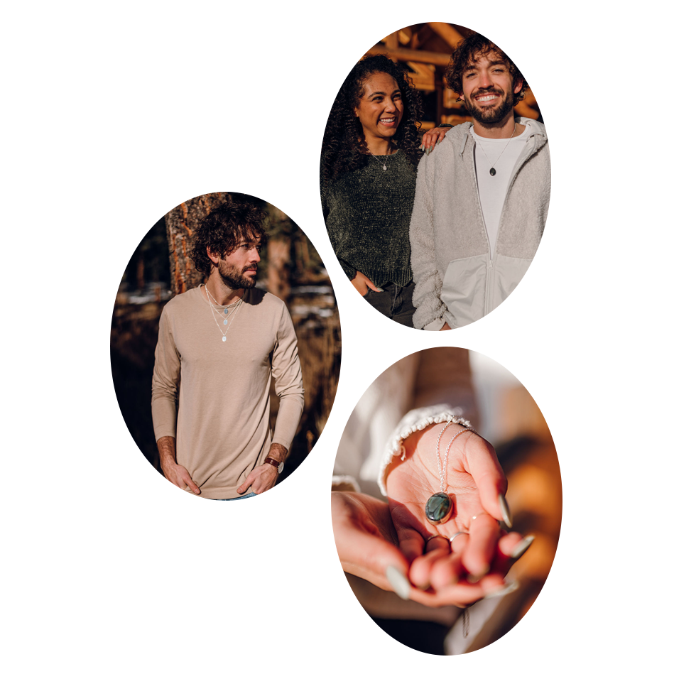 Image collage of a couple wearing stone pendant necklaces