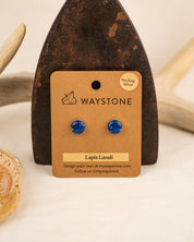 Lapis Lazuli stud earrings flecked with white on a Waystone branded card