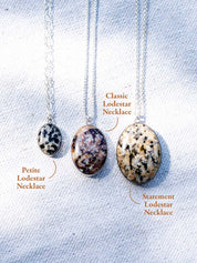 Three sizes of custom stone pendant necklaces: petite (small), classic (medium), and statement (large)