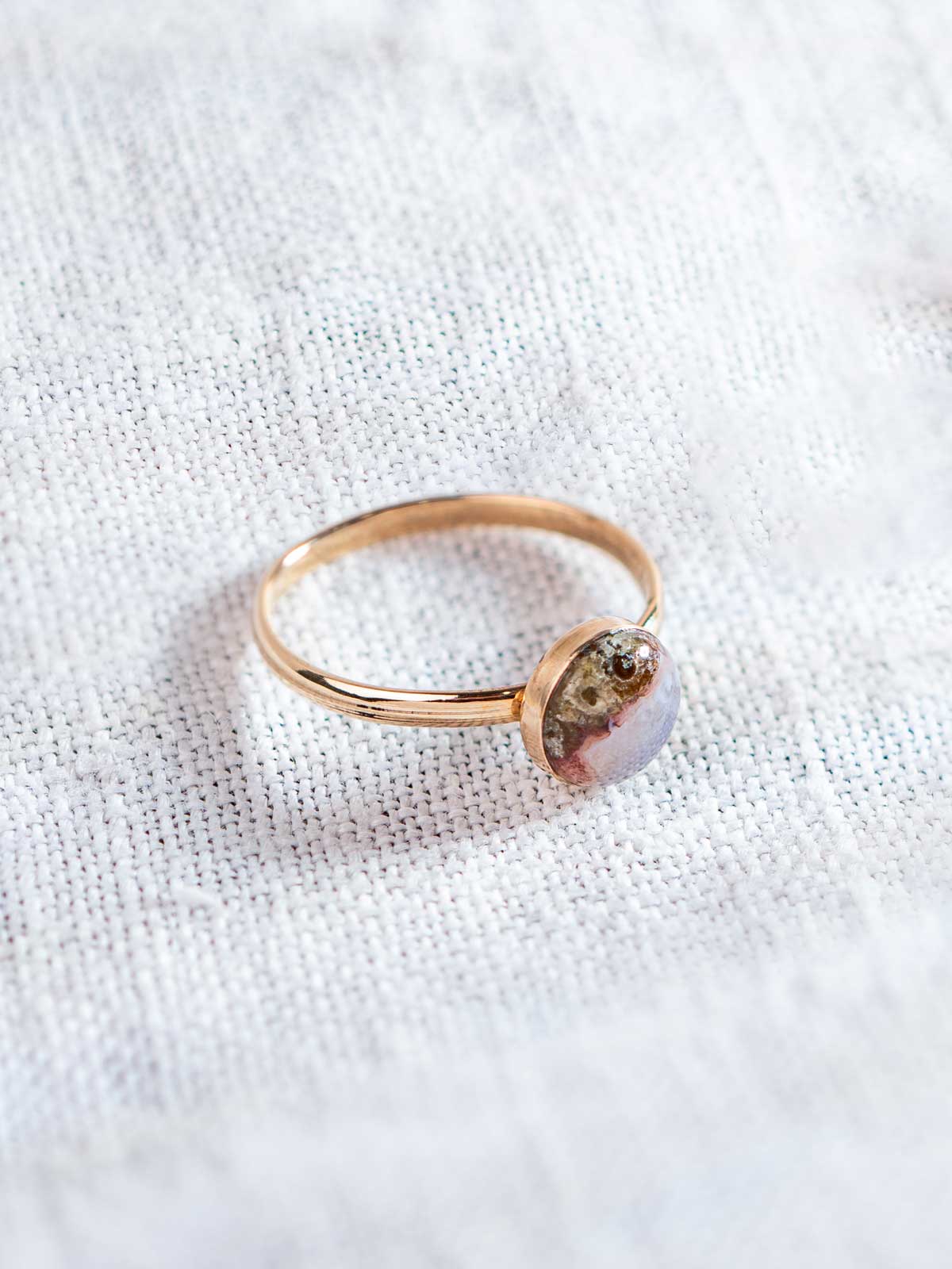 Gold fill ring set with a small round natural stone