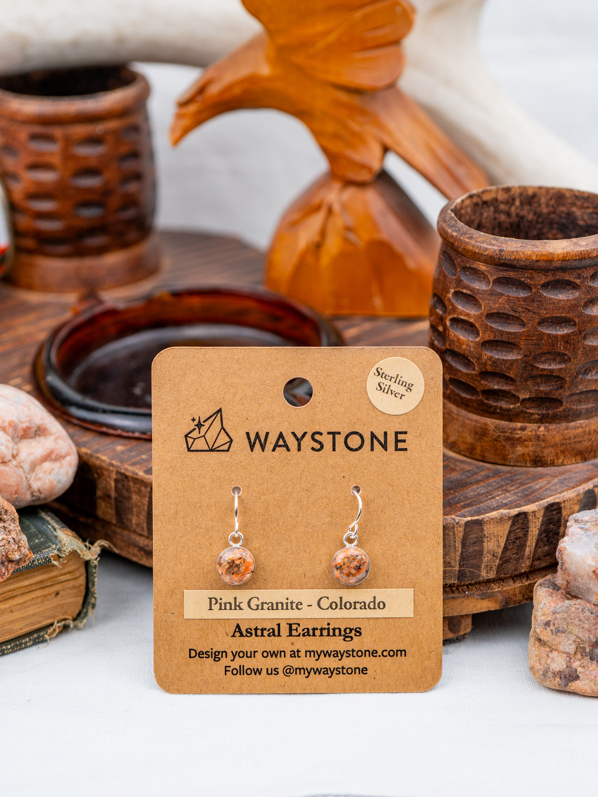 8 mm round  Pink Granite, polished to a shine and set in sterling silver earrings