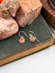 Silver earrings with round pink stones on a book with rocks in the background