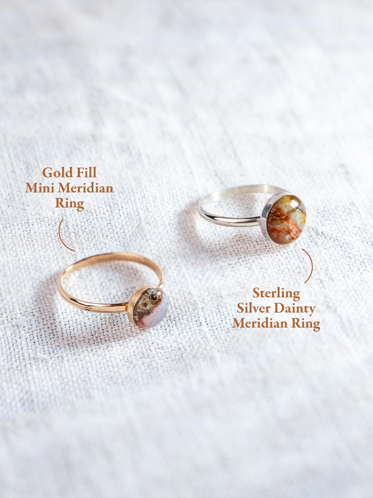 Two minimalist stone rings, one labeled Gold Fill Mini Meridian Ring and one labeled Sterling Silver Dainty Meridian Ring