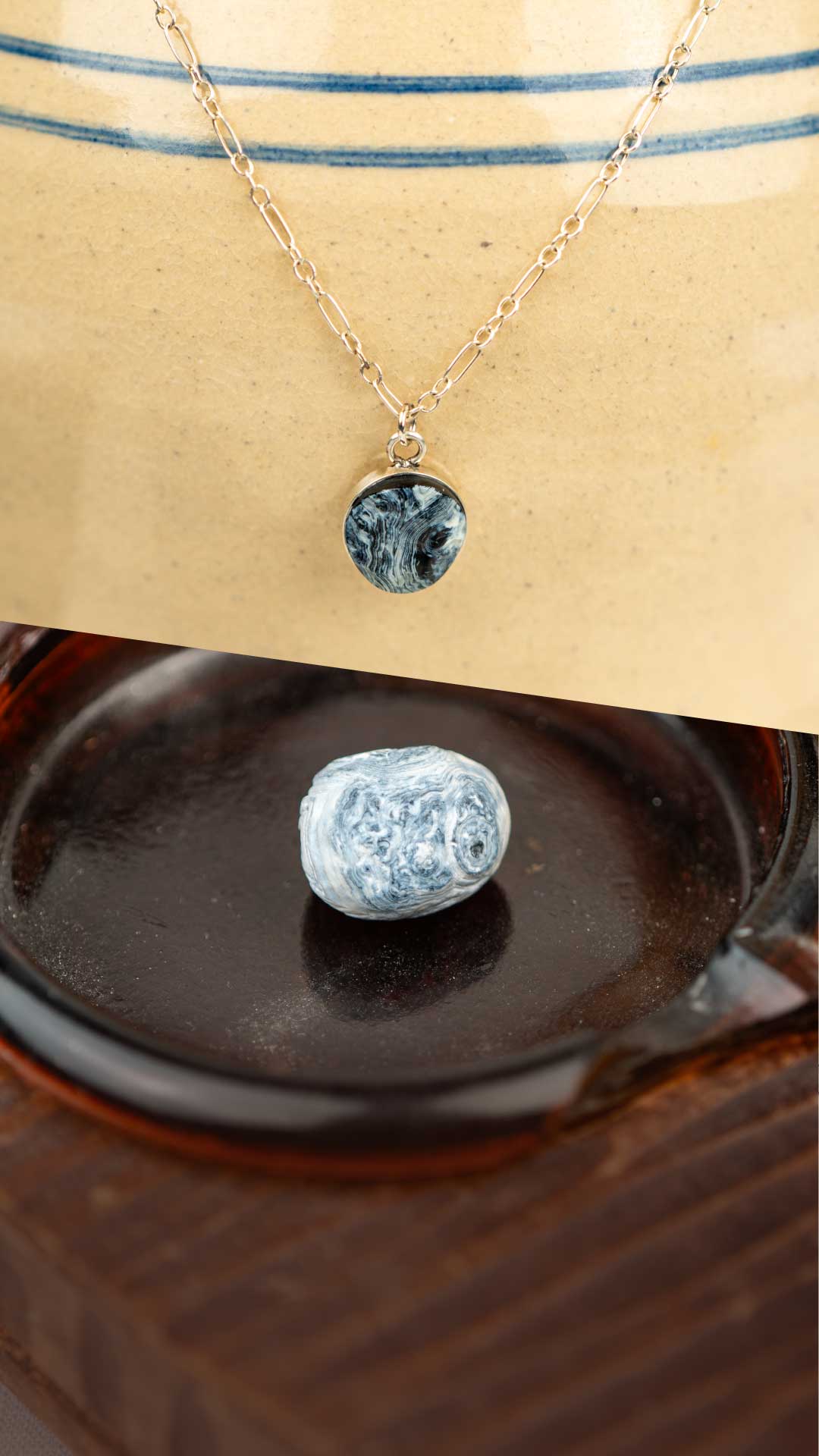 Silver necklace with a natural stone pendant next to the agate that it was made from