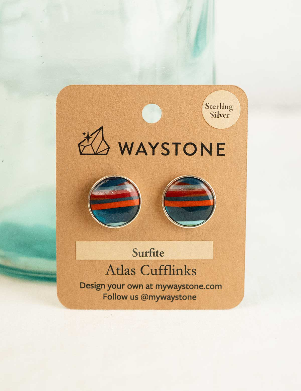 16mm round upcycled surfite, polished to a shine and set in sterling silver cufflinks