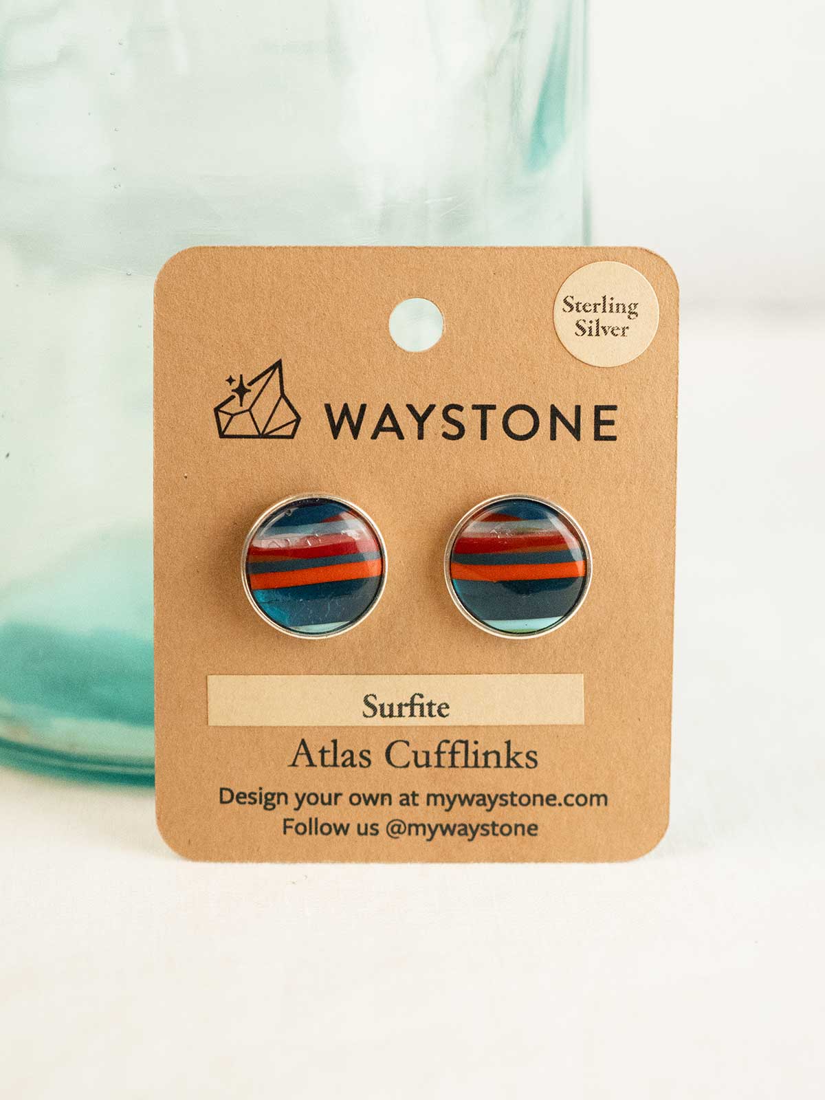 16mm round upcycled surfite, polished to a shine and set in sterling silver cufflinks