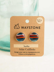 16mm round upcycled surfite, polished to a shine and set in sterling silver cufflinks