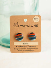 16 mm round upcycled surfite, polished to a shine and set in sterling silver studs 