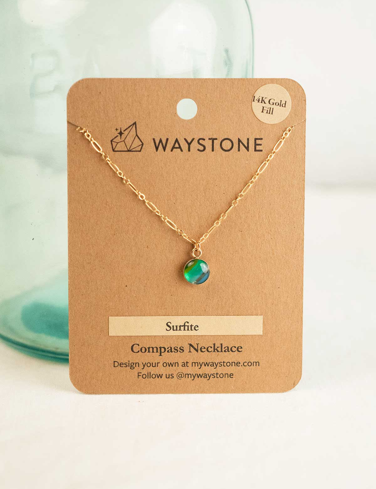 Mini Compass Necklace with 8mm round upcycled surfite set in 14k gold fill