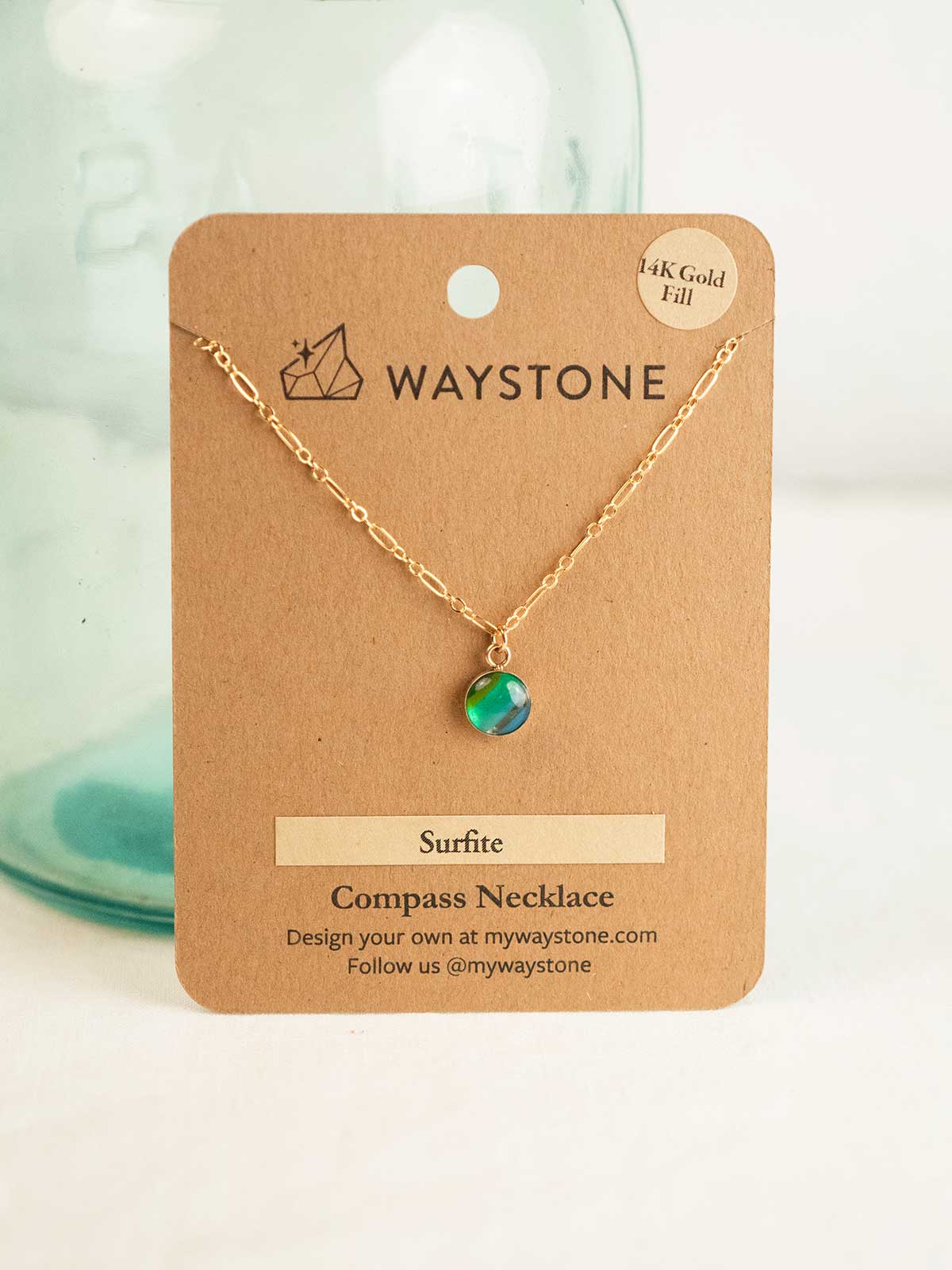 Mini Compass Necklace with 8mm round upcycled surfite set in 14k gold fill