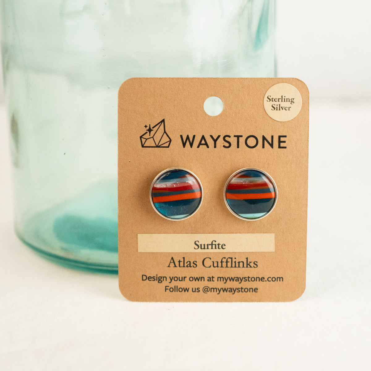 16mm round upcycled surfite, polished to a shine and set in sterling silver cufflinks
