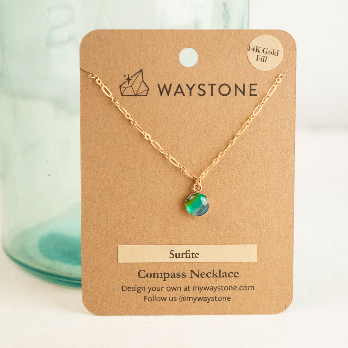 Mini Compass Necklace with 8mm round upcycled surfite set in 14k gold fill