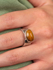 Sterling Silver Textured Band Ring with Tiger Eye