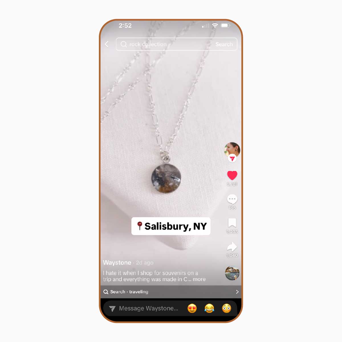 Phone screen with a TikTok video displaying a necklace with a Salisbury, NY location tag on a white background