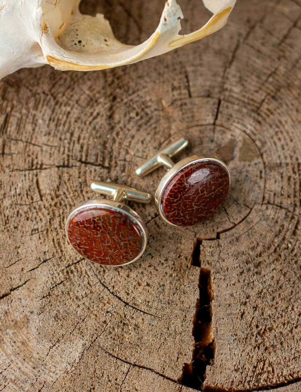 Sterling silver whale back cufflinks made from red dinosaur gembone