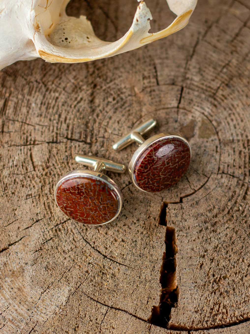 Sterling silver whale back cufflinks made from red dinosaur gembone