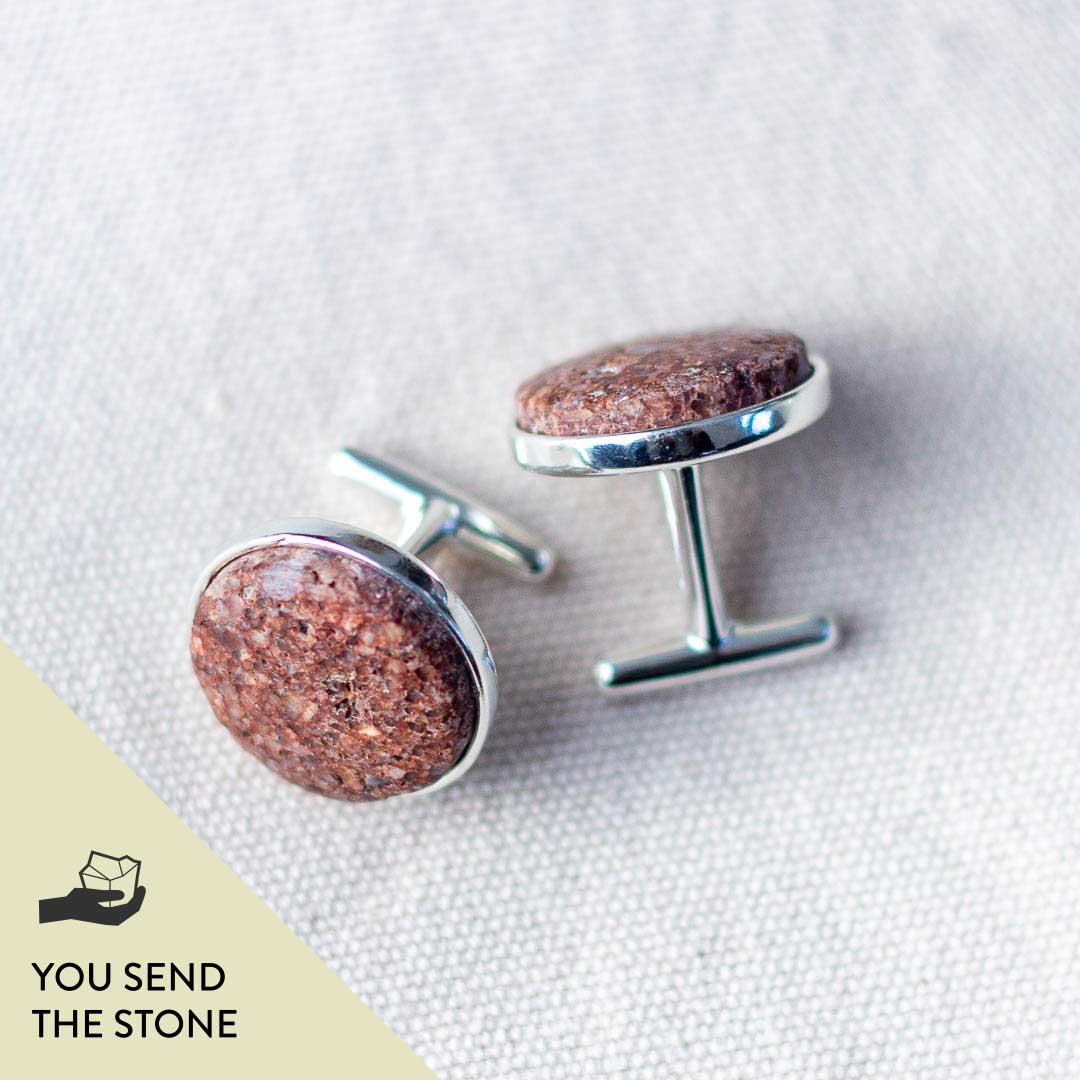 Custom red granite cufflinks with personalized engraving. Text on image reads, "You send the stone." 