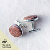 Custom red granite cufflinks with personalized engraving. Text on image reads, "You send the stone." 