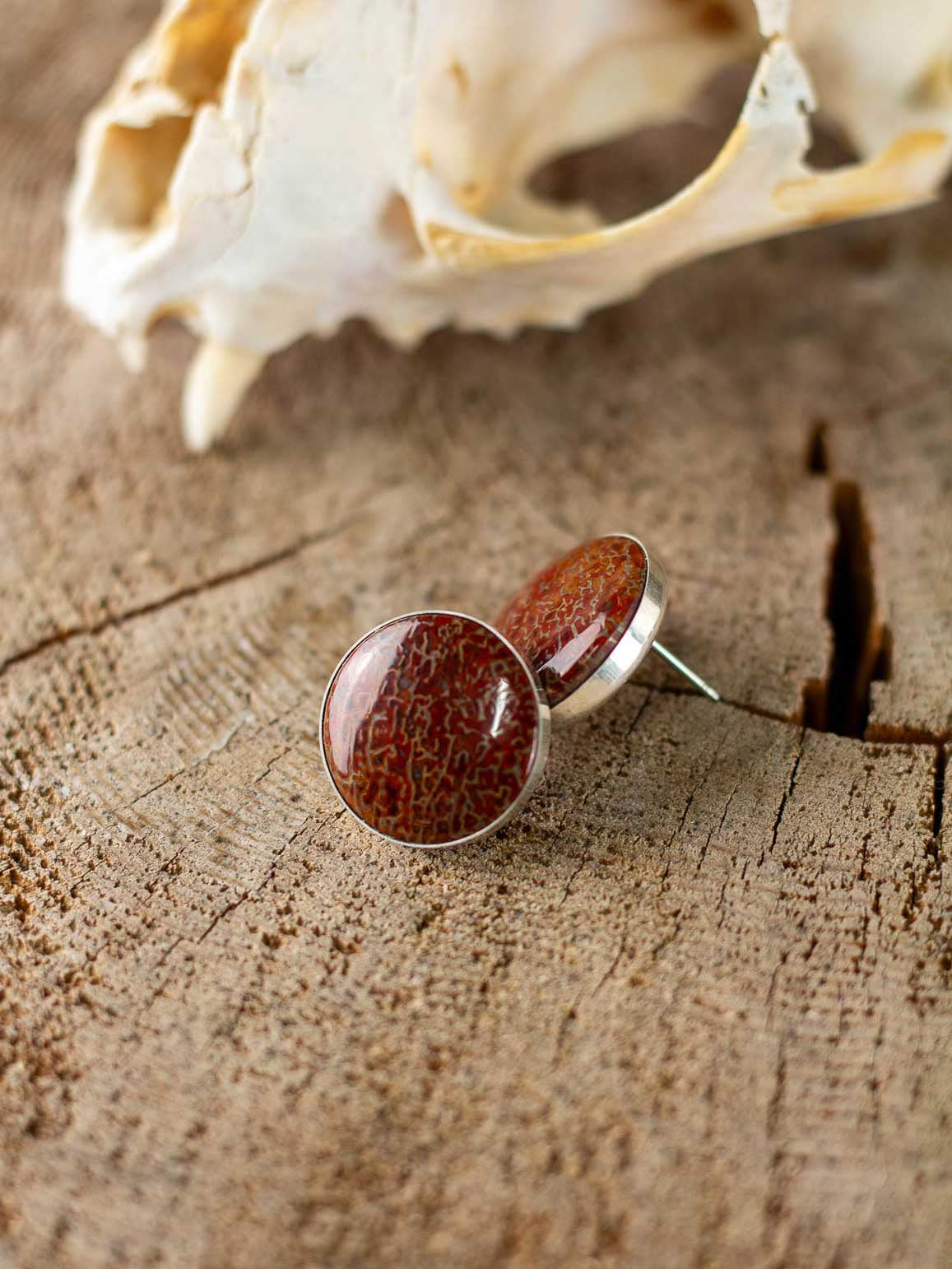 Red dinosaur gembone set as large stud earrings