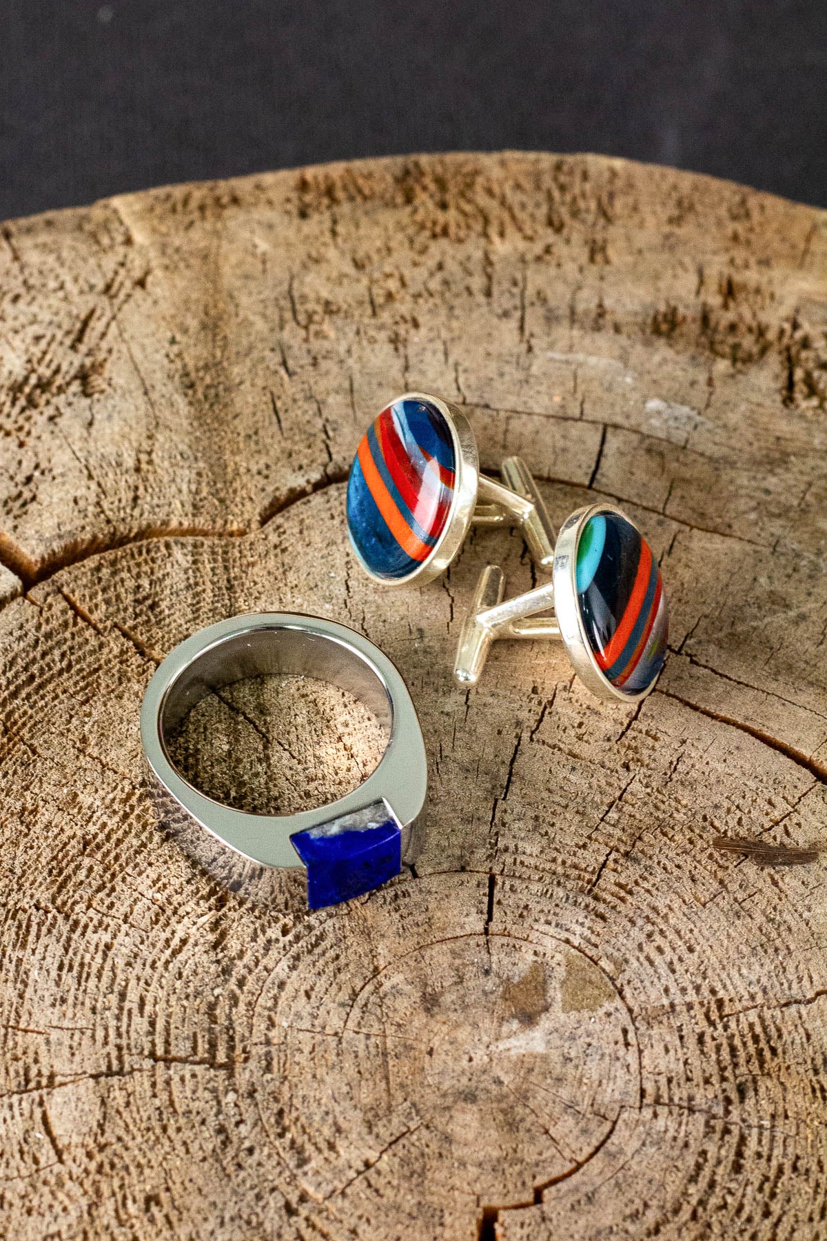 Brightly striped surfite cufflinks and signet ring