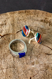 Brightly striped surfite cufflinks and signet ring