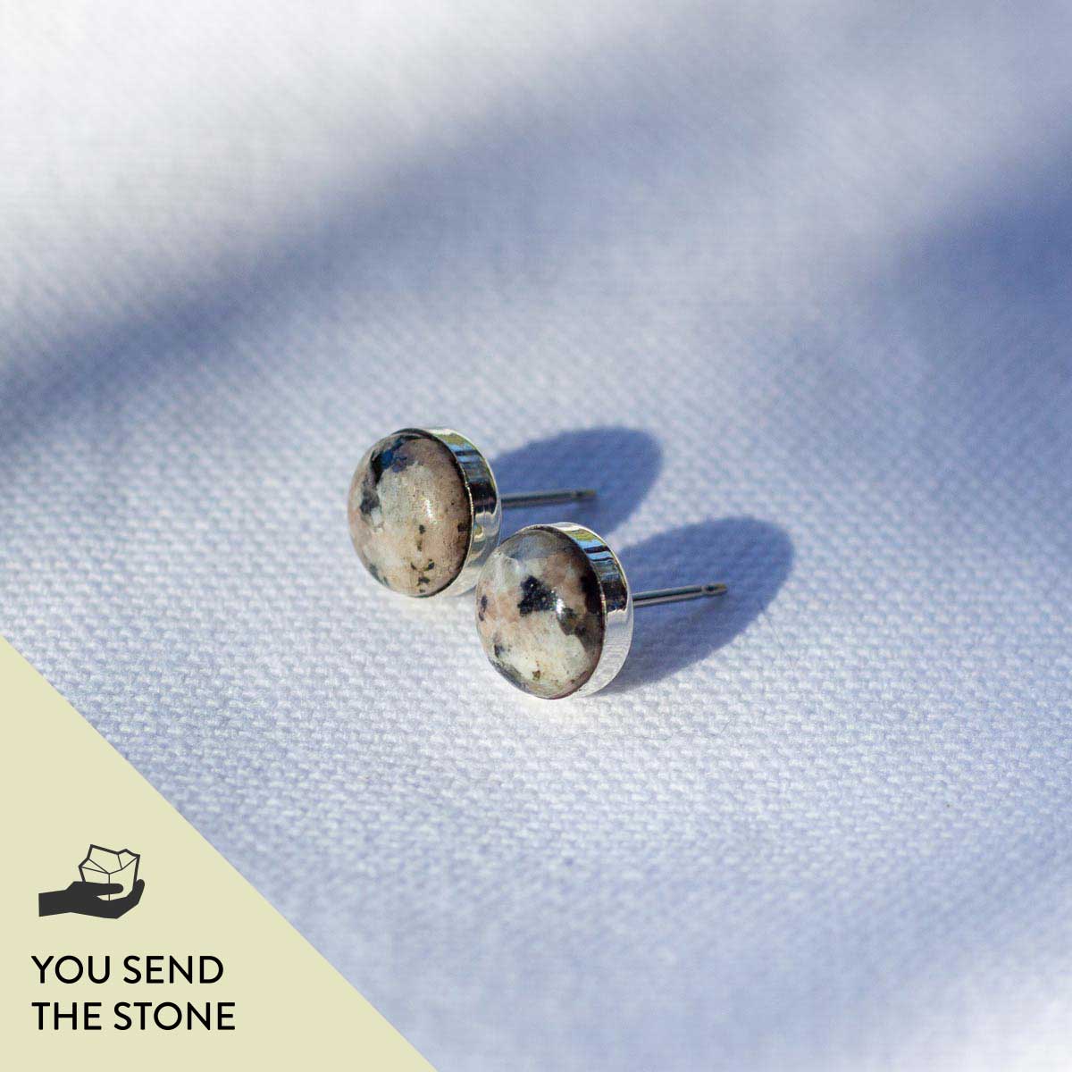 Small round stud earrings made of natural stone. Text on the image reads, "You send the stone."
