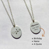 The front and back of a voyager charm necklace with a zodiac constellation design. Customize your own engraving for the back. Engrave your name, a birthdate date, astrology chart, or a quote.